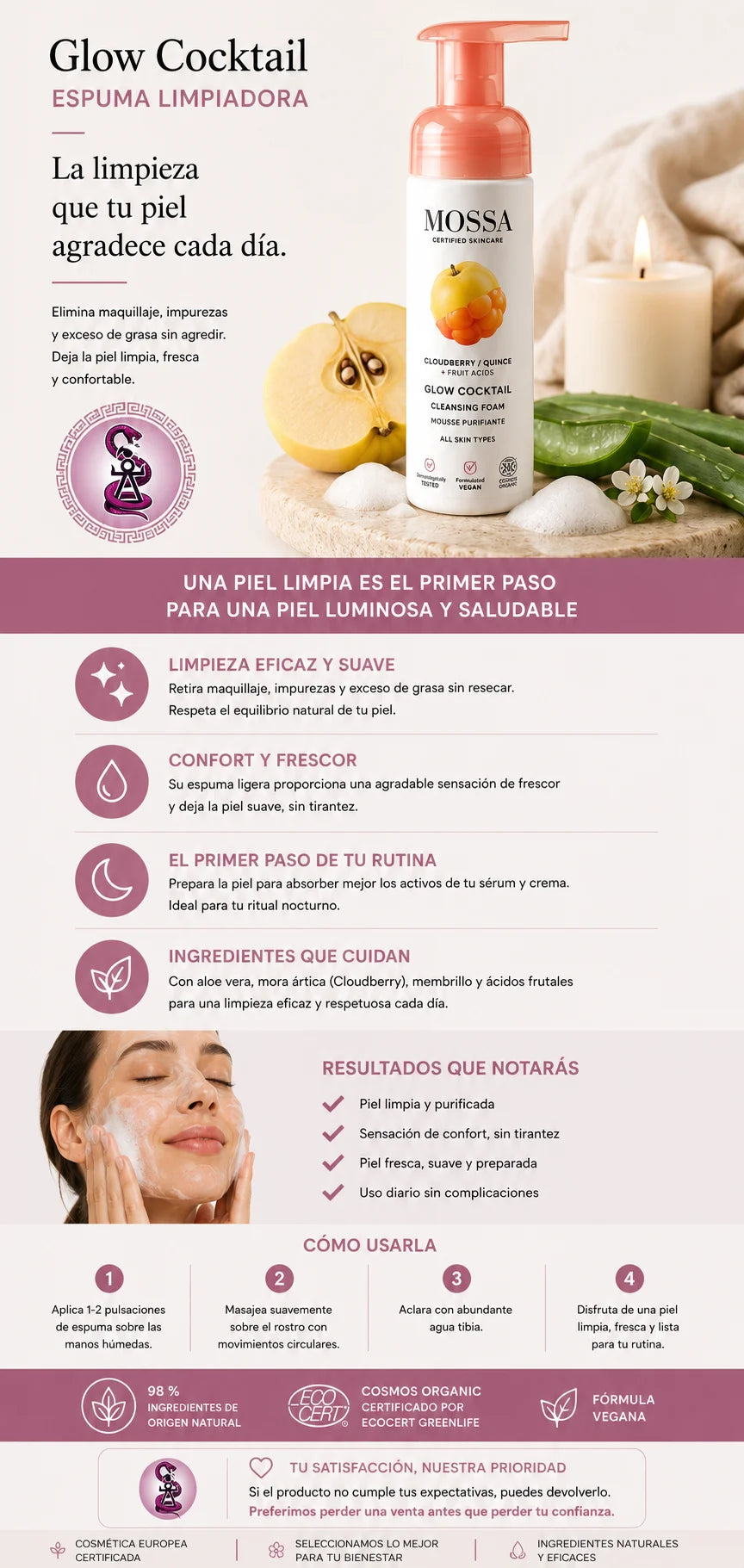 Infografía vertical de la espuma limpiadora facial MOSSA Glow Cocktail con sus principales beneficios, modo de uso, certificaciones y garantía de El Boticario de Cartago en un entorno spa premium.