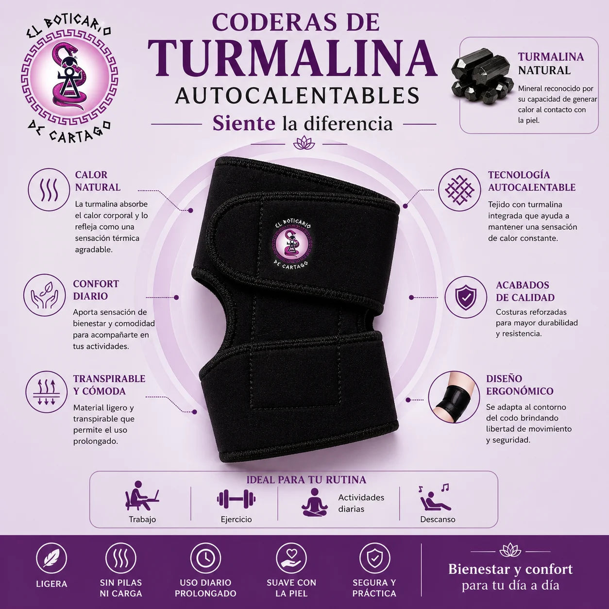 Infografía cuadrada de codera de turmalina autocalentable diseñada para aportar confort, ajuste adaptable y sensación de calor suave durante el uso diario