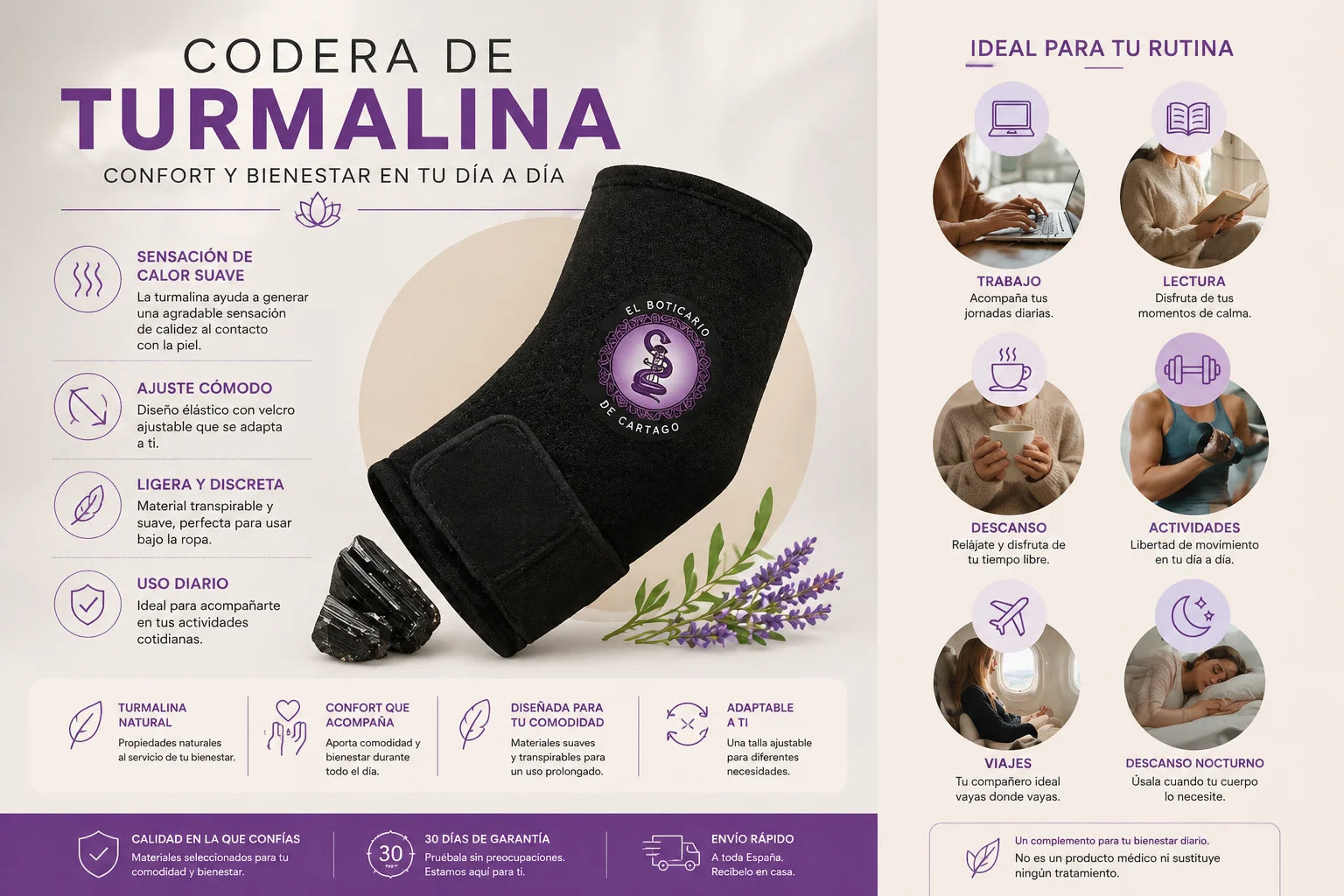 Infografía de codera de turmalina autocalentable diseñada para aportar confort, ajuste cómodo y sensación de calor suave durante el uso diario
