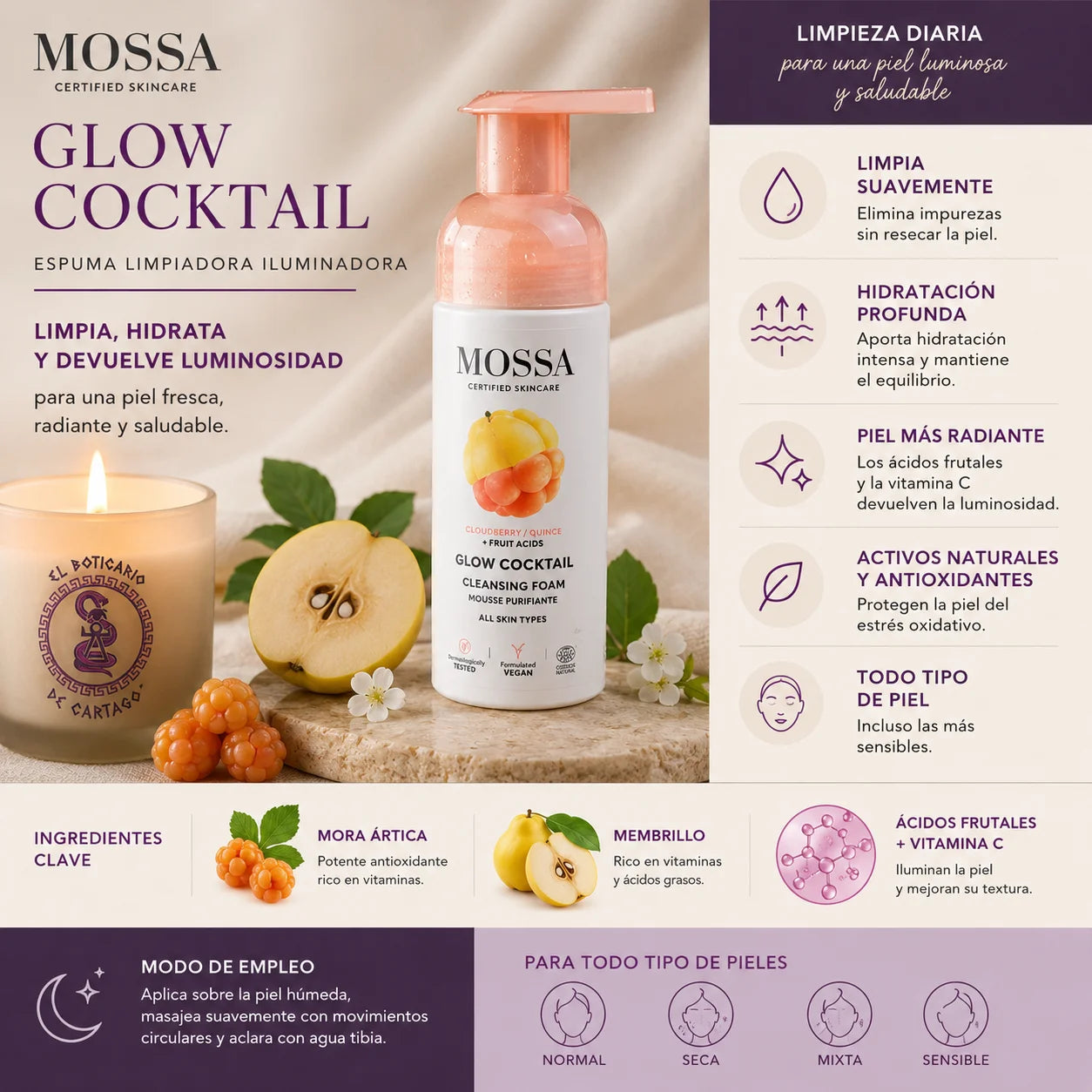 Infografía de la espuma limpiadora facial MOSSA Glow Cocktail con sus principales beneficios, ingredientes clave y modo de empleo en un entorno spa premium