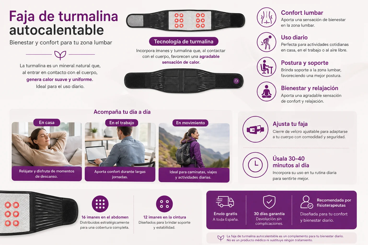 Infografía de faja de turmalina autocalentable diseñada para aportar confort lumbar, sensación de calor suave y soporte durante el uso diario