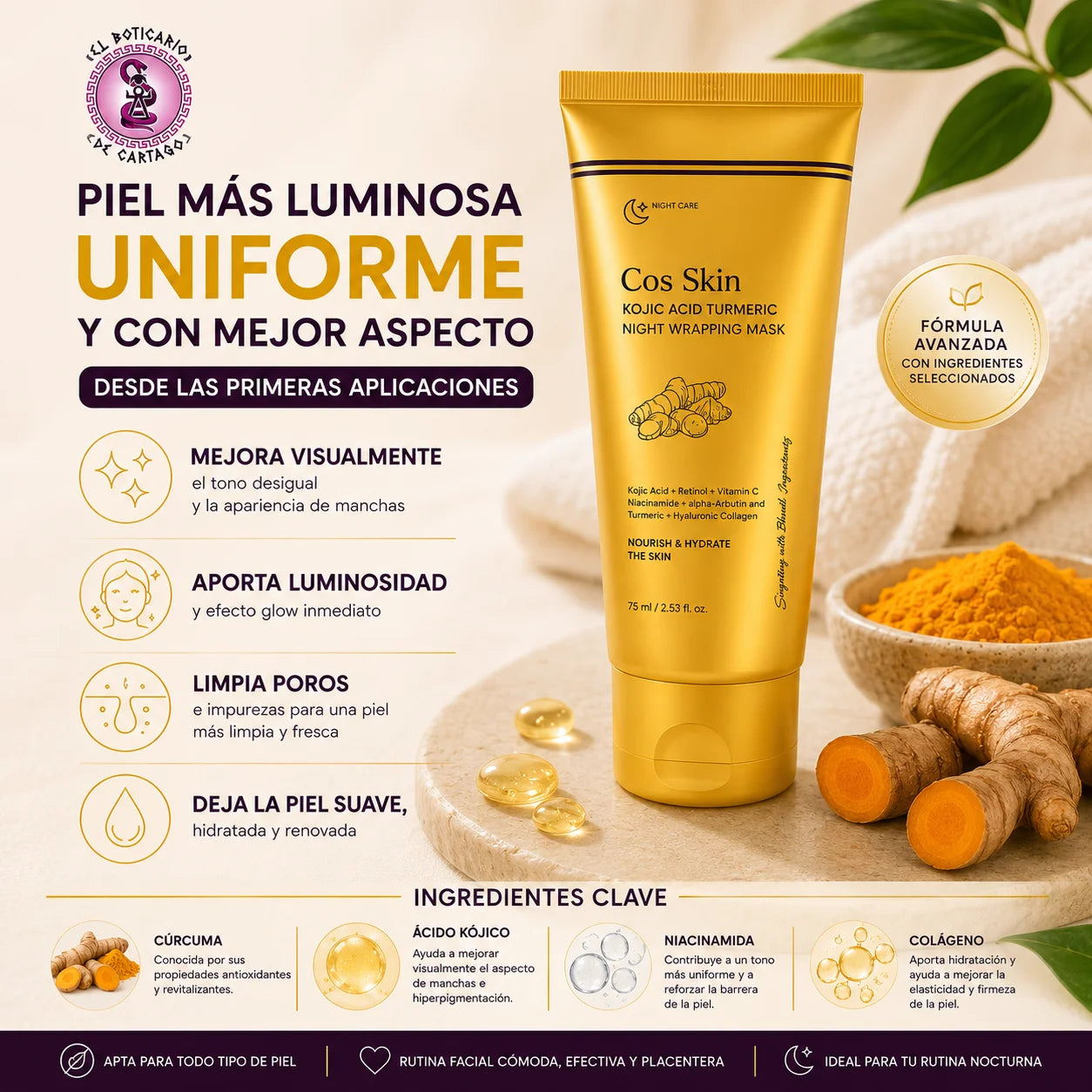 Infografía de beneficios de mascarilla facial efecto glow con ácido kójico y cúrcuma para una piel más luminosa y uniforme