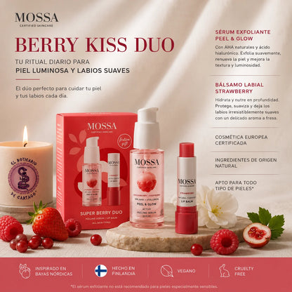Infografía del Pack MOSSA Berry Kiss con sérum exfoliante Peel & Glow y bálsamo labial Strawberry, mostrando sus principales beneficios en un entorno spa premium con vela de El Boticario de Cartago.