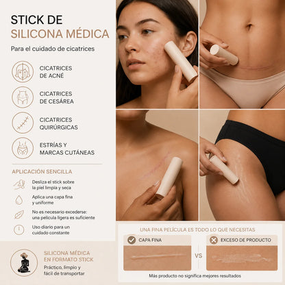 Infografía del stick de silicona médica para el cuidado de cicatrices. La imagen muestra ejemplos de aplicación en cicatrices de acné, cesárea, cirugía y estrías, junto con instrucciones de uso que recomiendan aplicar una capa fina y uniforme sobre la piel limpia y seca. Incluye una comparación visual entre una película ligera de producto y un exceso de aplicación para ilustrar el uso correcto del stick.