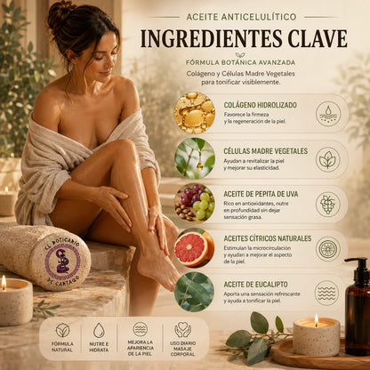 Infografía de los ingredientes principales del aceite anticelulítico con colágeno y células madre vegetales mostrando aceite de pepita de uva, aceites cítricos, eucalipto y colágeno en un entorno spa premium de El Boticario de Cartago.