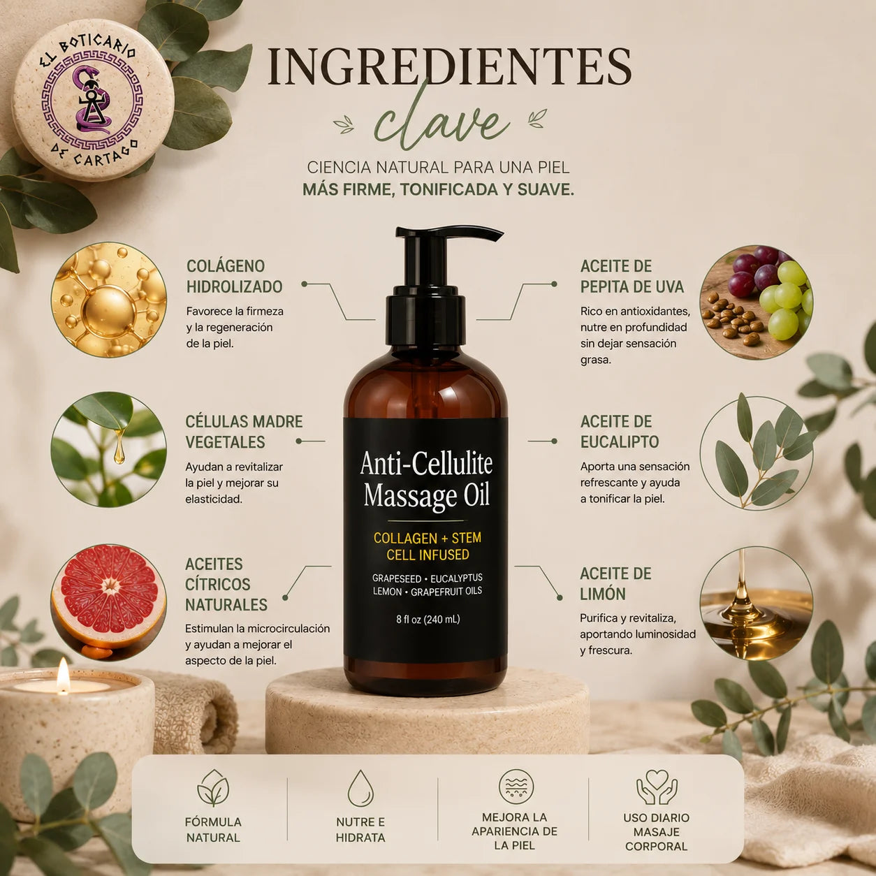 Infografía de ingredientes del aceite anticelulítico con colágeno y células madre vegetales mostrando colágeno hidrolizado, aceite de pepita de uva, aceites cítricos y extractos vegetales en un entorno spa premium.