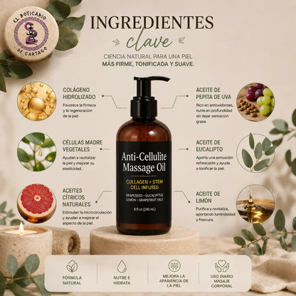 Infografía de ingredientes del aceite anticelulítico con colágeno y células madre vegetales mostrando colágeno hidrolizado, aceite de pepita de uva, aceites cítricos y extractos vegetales en un entorno spa premium.