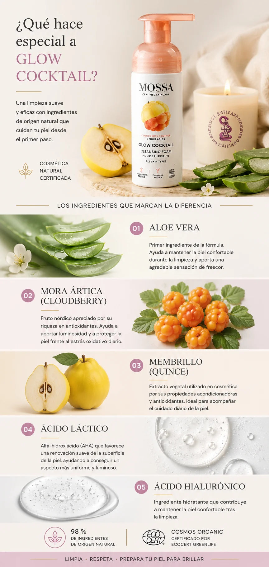 Infografía vertical de los ingredientes de la espuma limpiadora facial MOSSA Glow Cocktail con aloe vera, mora ártica (Cloudberry), membrillo, ácido láctico y ácido hialurónico en un entorno spa premium.