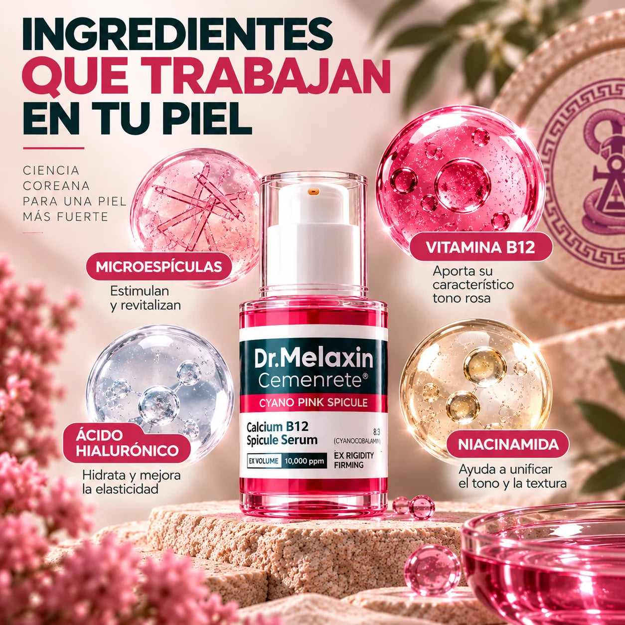 Ingredientes del sérum Dr. Melaxin: microespículas, vitamina B12, niacinamida y ácido hialurónico
