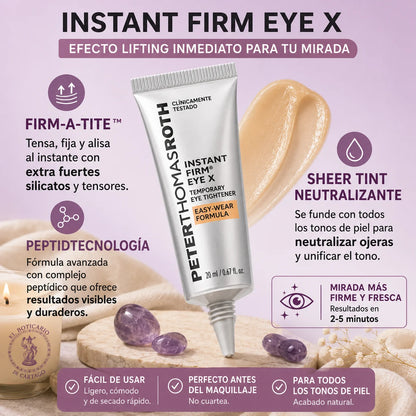 Instant Firm Eye X – Efecto lifting inmediato: tecnología Firm-A-Tite™ con silicatos tensores, complejo peptídico y sheer tint neutralizante de ojeras. Resultados en 2-5 minutos. Para todos los tonos de piel.