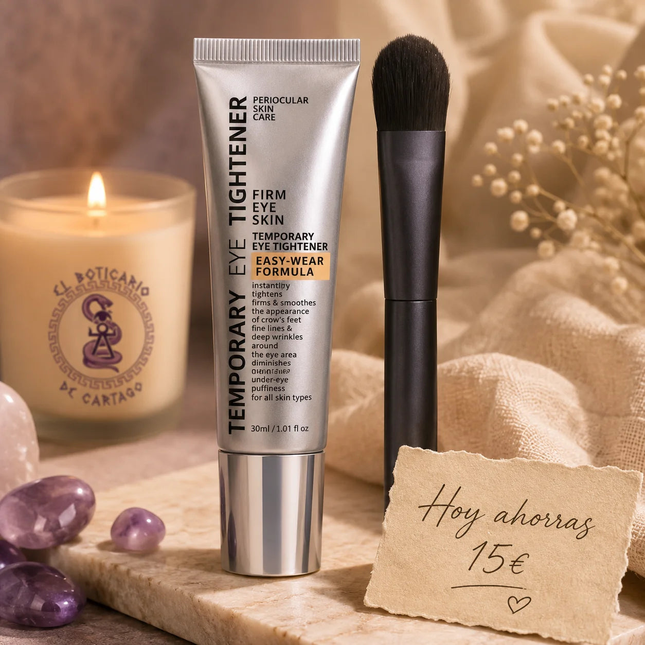 Instant Lift Contorno de Ojos – Crema tensora temporal con brocha aplicadora, 30ml, sobre fondo cálido con vela El Boticario de Cartago y cristales de amatista