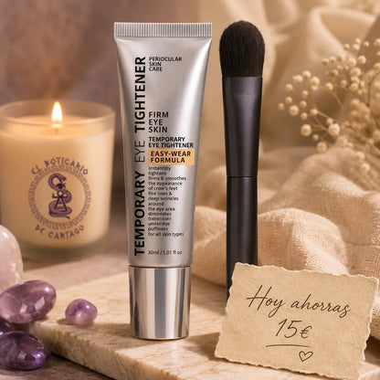 Instant Lift Contorno de Ojos – Crema tensora temporal con brocha aplicadora, 30ml, sobre fondo cálido con vela El Boticario de Cartago y cristales de amatista
