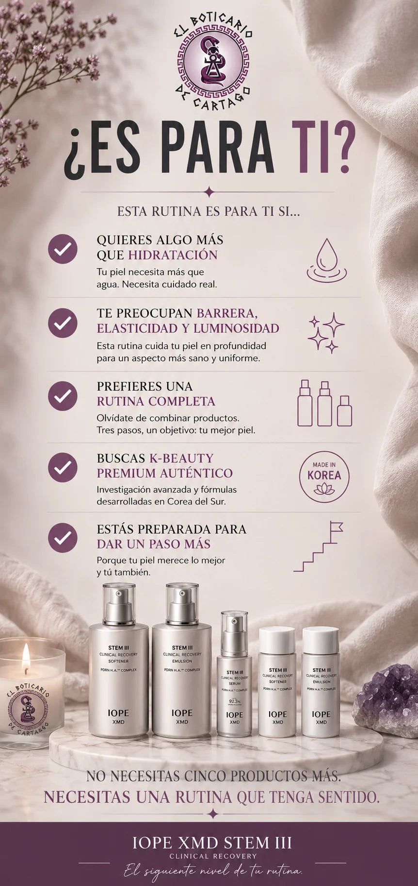 Rutina coreana IOPE XMD Stem III Clinical Recovery – Set completo de 5 productos para barrera, elasticidad y luminosidad. K-Beauty premium auténtico.