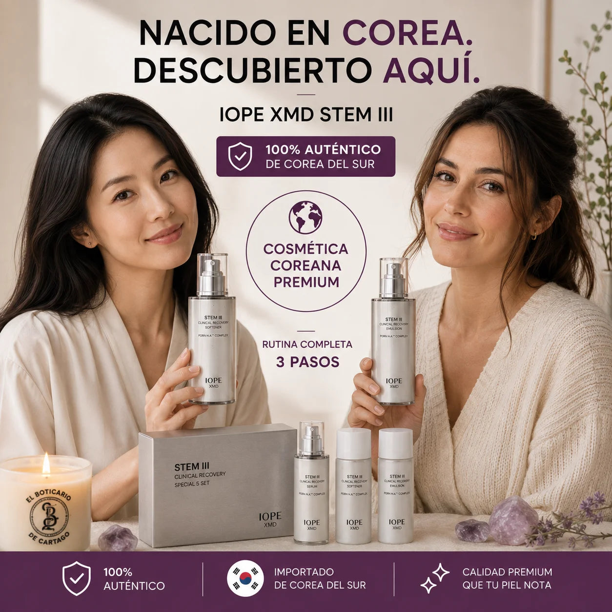 IOPE XMD Stem III Clinical Recovery Set – Rutina facial coreana premium de 3 pasos, 100% auténtico importado de Corea del Sur, El Boticario de Cartago