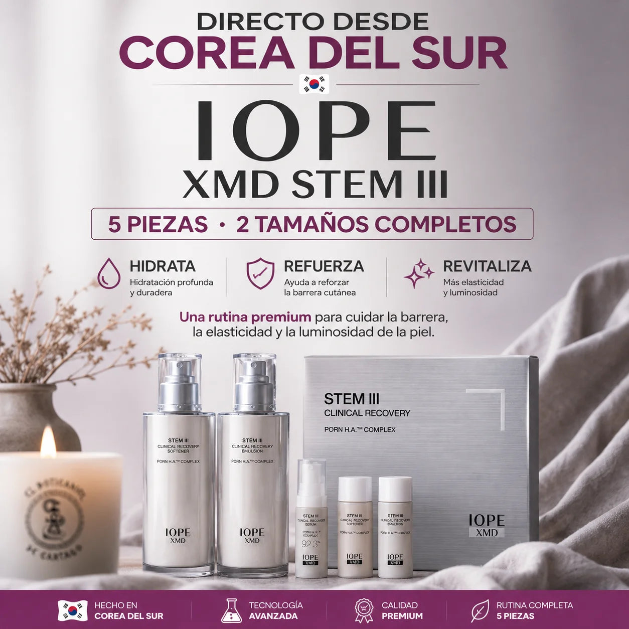 Kit IOPE XMD Stem III Clinical Recovery 5 piezas – hidrata, refuerza y revitaliza la piel