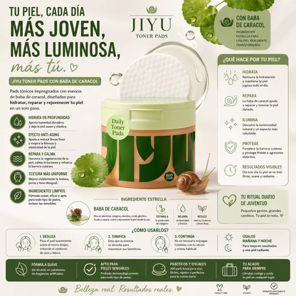 Pads tónicos Jiyu con baba de caracol para hidratar, suavizar y mejorar la textura de la piel con efecto antiedad y luminosidad natural