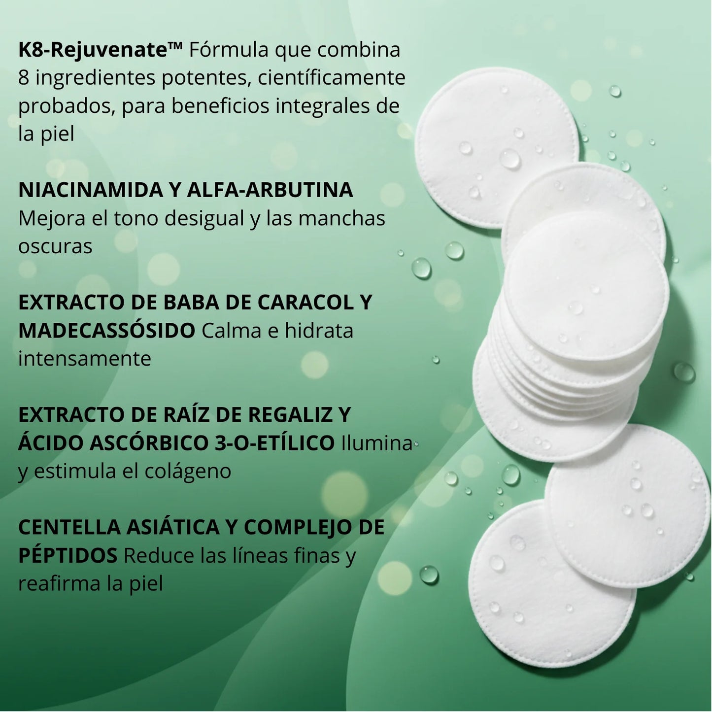 Fondo para infografía Jiyu Toner Pads - Discos tónicos sobre fondo verde degradado para mostrar ingredientes activos