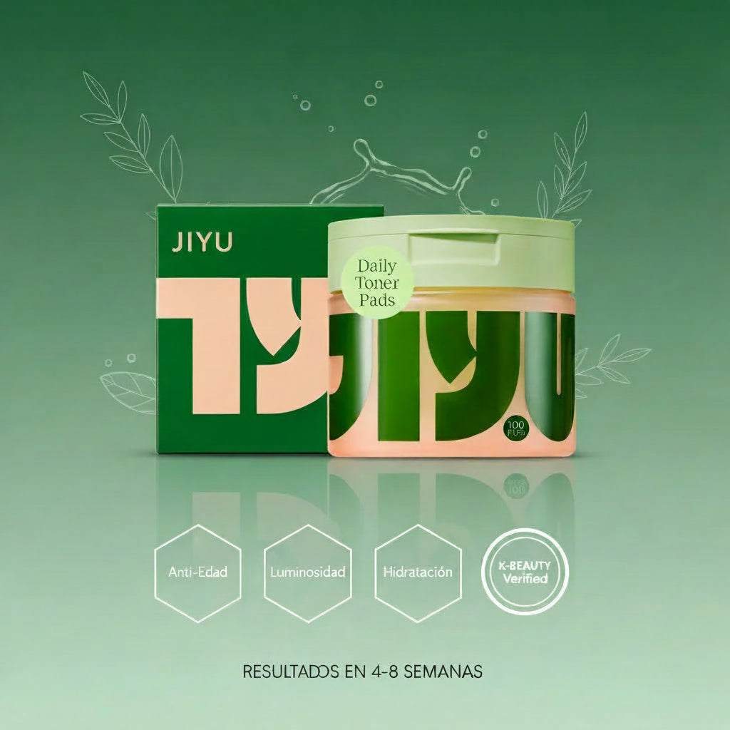 Infografía Jiyu Toner Pads - Beneficios anti-edad, luminosidad e hidratación con tecnología K-Beauty verificada - Resultados visibles en 4-8 semanas