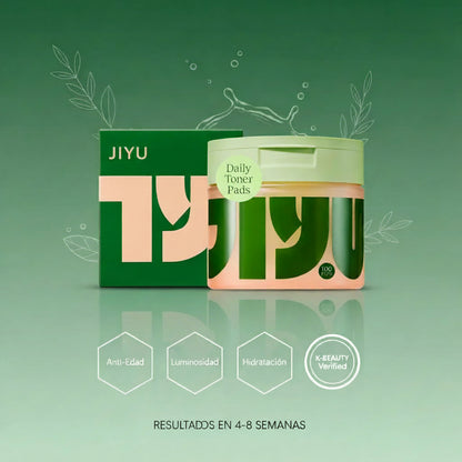 Infografía Jiyu Toner Pads - Beneficios anti-edad, luminosidad e hidratación con tecnología K-Beauty verificada - Resultados visibles en 4-8 semanas