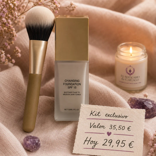 Kit exclusivo base de maquillaje adaptativa Changing Foundation SPF15 30ml con brocha kabuki dorada, El Boticario de Cartago