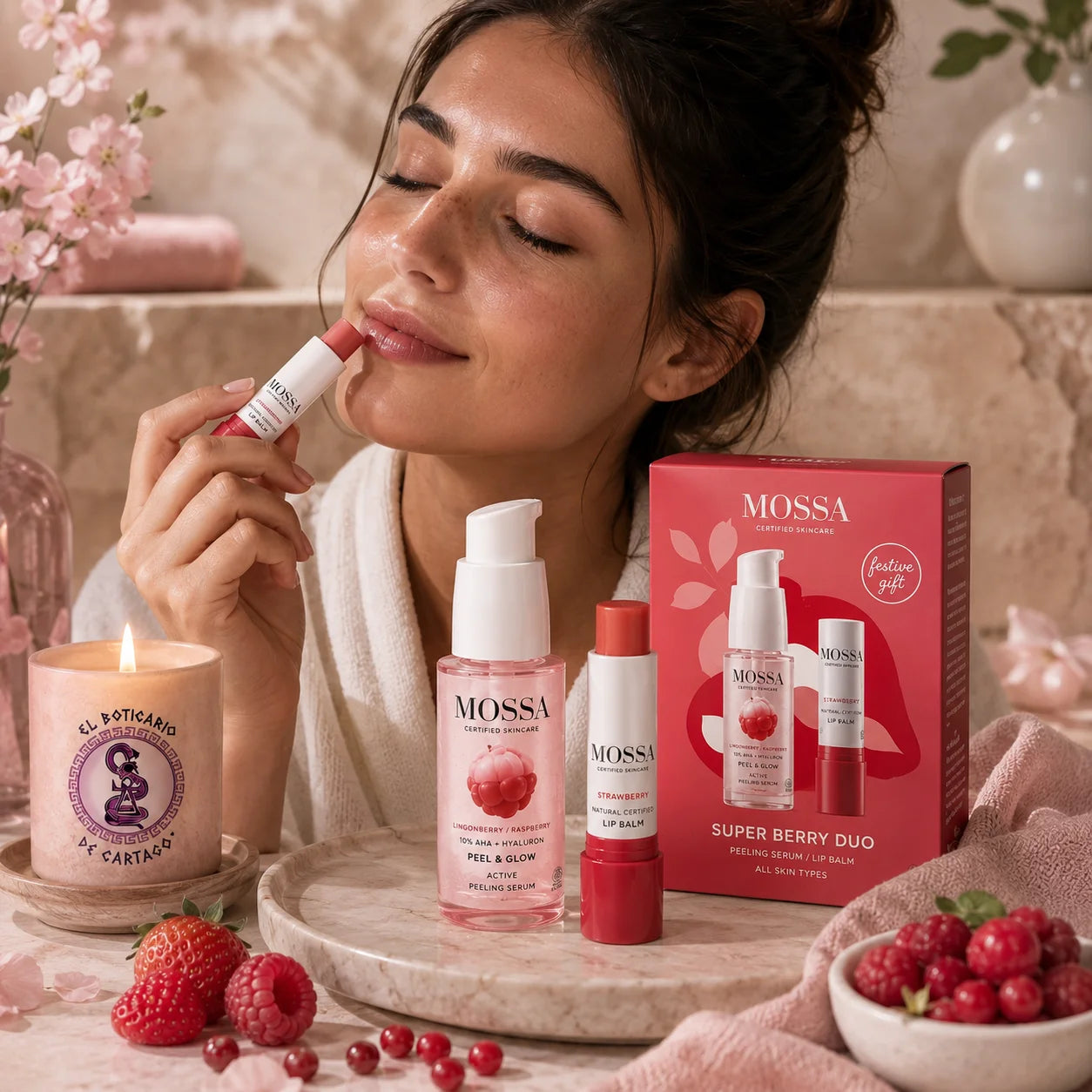 Modelo aplicando el bálsamo labial del Pack MOSSA Berry Kiss junto al sérum exfoliante Peel & Glow en un ambiente spa premium con tonos rosados, frutos rojos y una vela con el logotipo de El Boticario de Cartago.