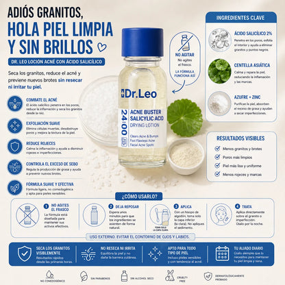 Loción para acné con ácido salicílico Dr. Leo que ayuda a reducir granitos, limpiar poros y mejorar la textura de la piel sin resecar
