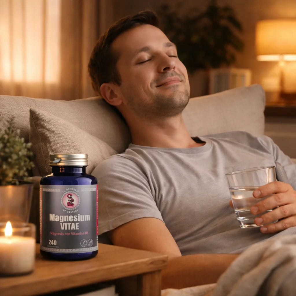 Hombre relajado en casa por la noche con magnesio bisglicinato Magnesium Vitae favoreciendo el descanso y la recuperación