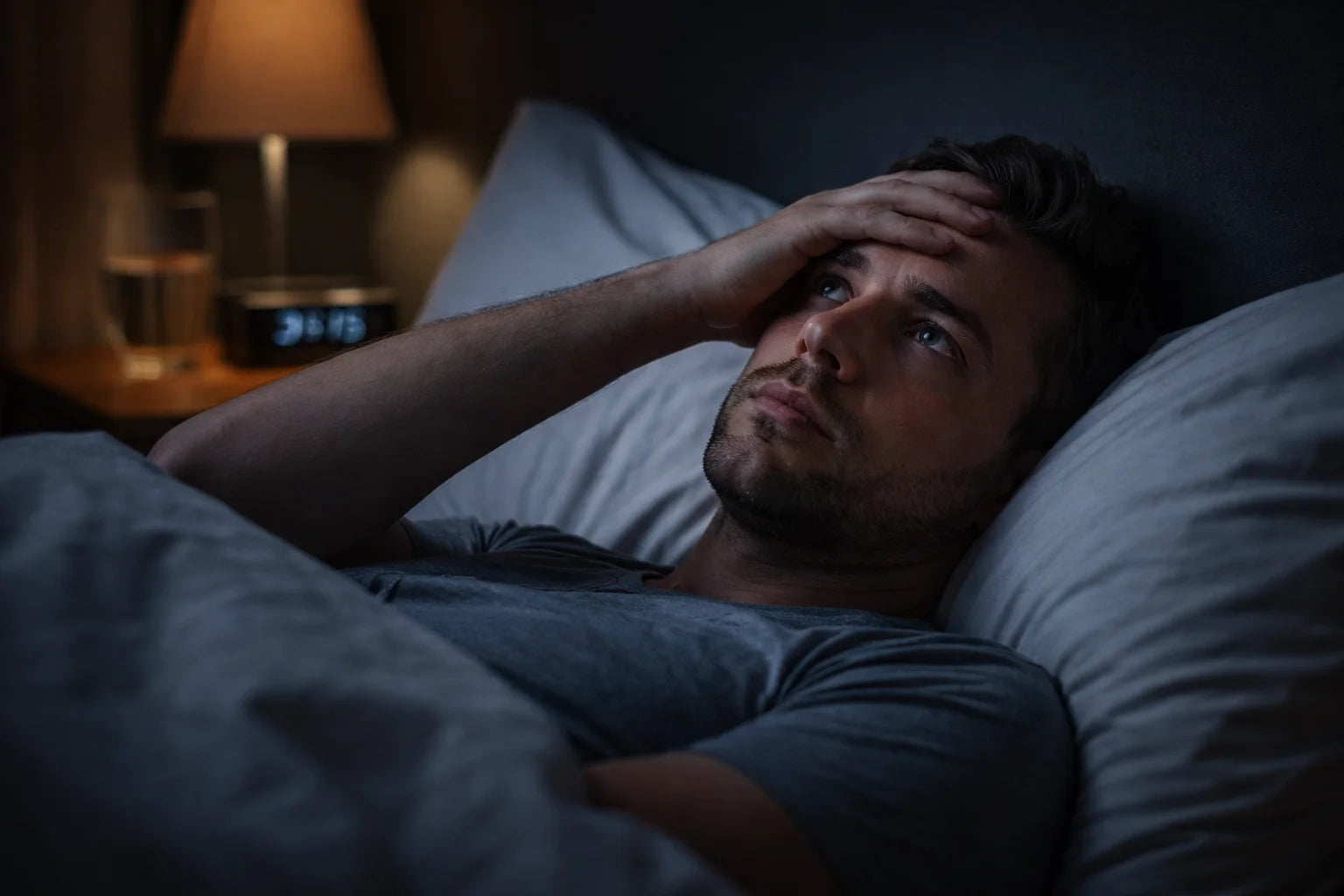 Hombre en la cama sin poder dormir por tensión y cansancio, problema de descanso relacionado con déficit de magnesio