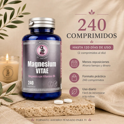 Magnesium Vitae de El Boticario de Cartago en formato ahorro de 240 comprimidos, presentado en un entorno spa premium con información sobre hasta 120 días de uso, apto para veganos y sin gluten ni lactosa.