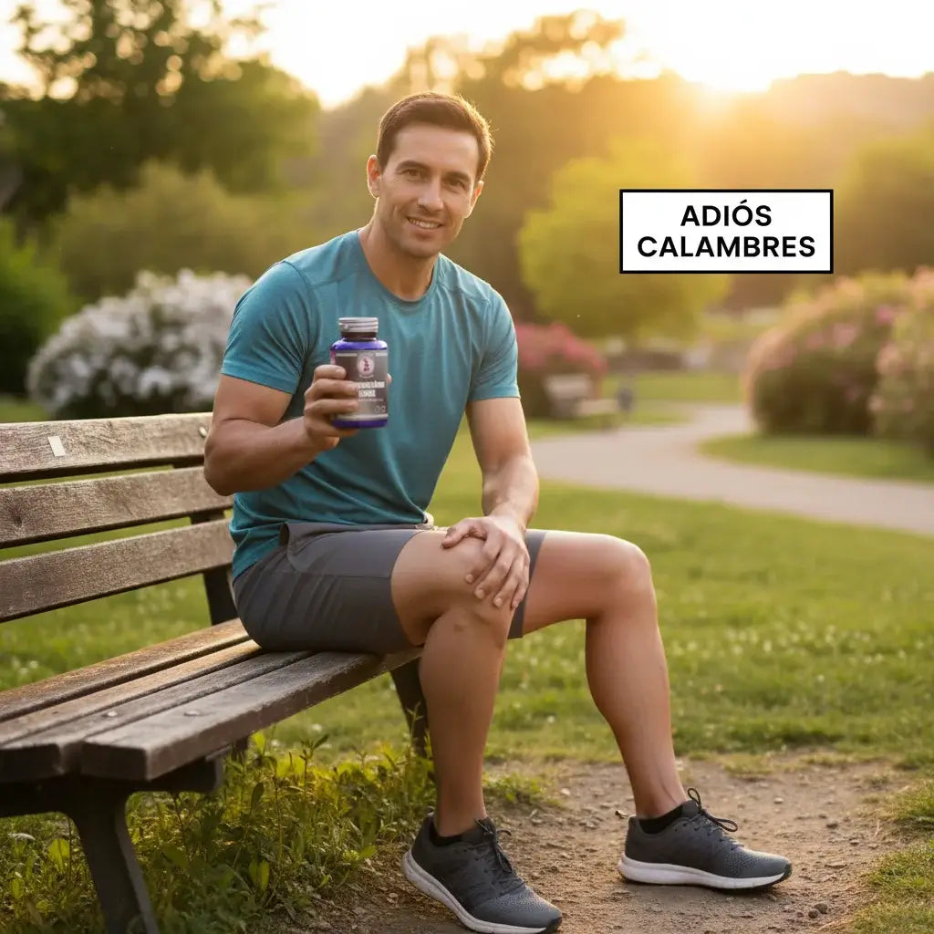 Deportista mirando a cámara tocándose gemelo aliviado mostrando Magnesium Vitae con B6 para prevenir calambres musculares