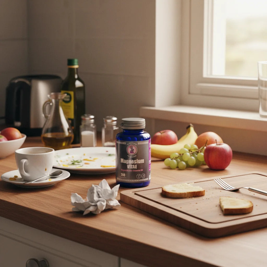 Magnesium Vitae con B6 en cocina real con desorden cotidiano mostrando integración en rutina diaria de cliente