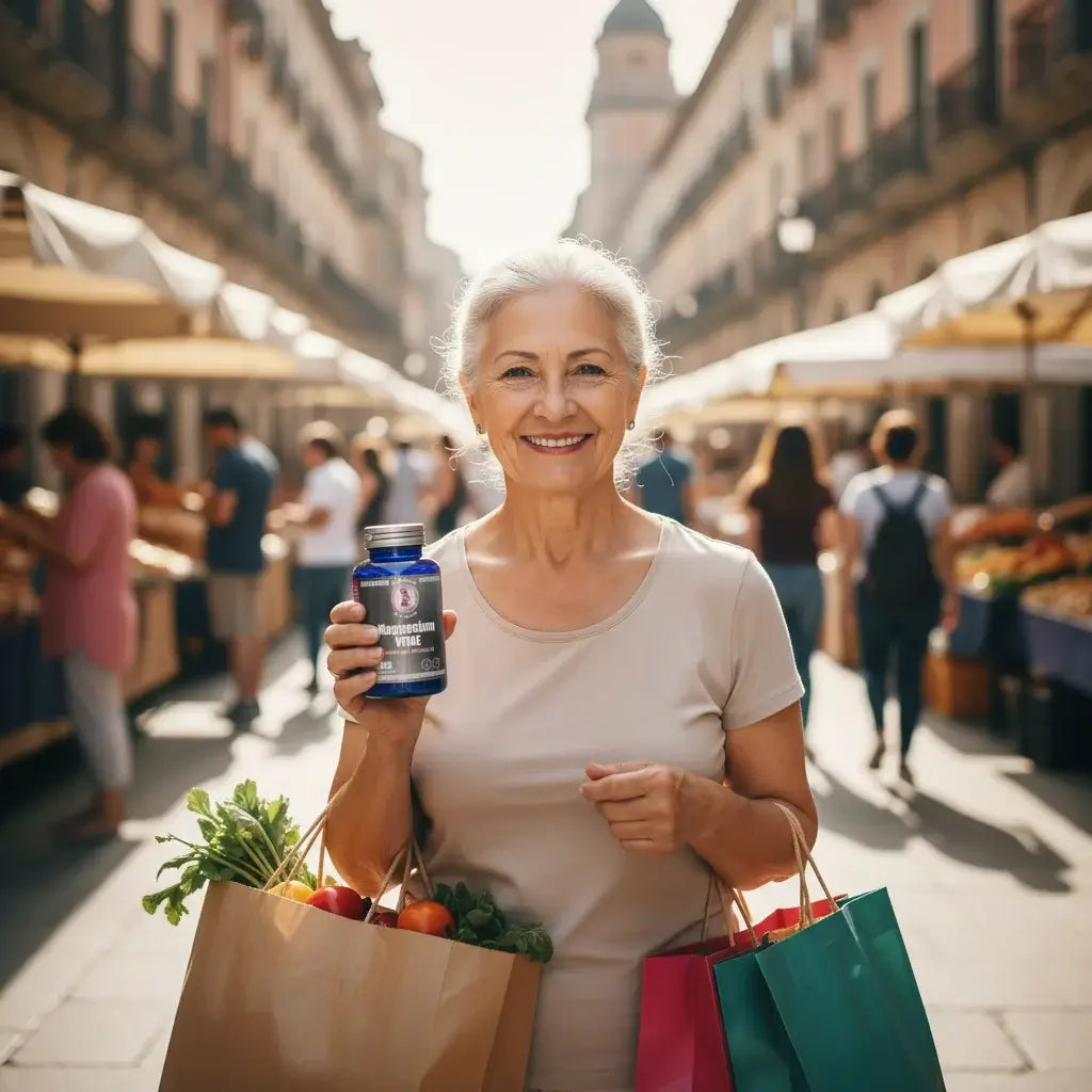 Persona mayor activa haciendo compra mostrando Magnesium Vitae con B6 para mantener energía e independencia