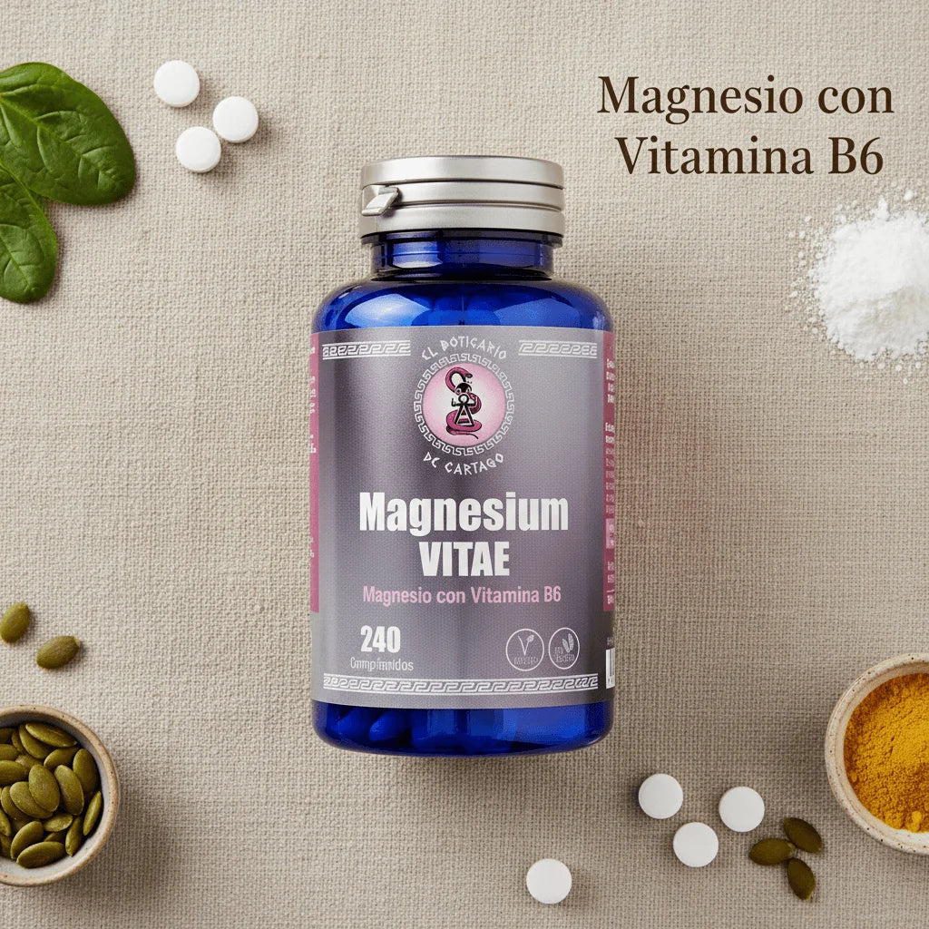 Magnesium Vitae con Vitamina B6 - Bisglicinato de magnesio sobre fondo natural con comprimidos blancos y polvo de magnesio