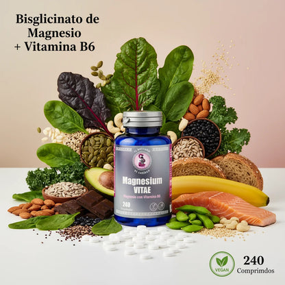 Magnesium Vitae bisglicinato de magnesio con vitamina B6 rodeado de alimentos ricos en magnesio: espinacas, frutos secos, semillas, chocolate - El Boticario de Cartago