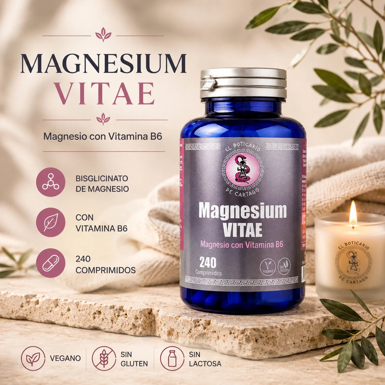 Magnesium Vitae de El Boticario de Cartago, suplemento de bisglicinato de magnesio con vitamina B6 en formato de 240 comprimidos, presentado en un entorno spa premium con vela y elementos naturales.