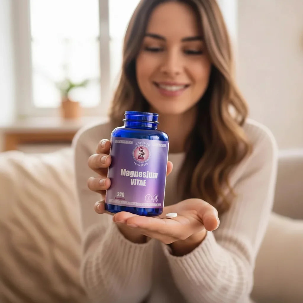 Mujer sonriente sosteniendo bote de Magnesium Vitae y mostrando pastilla blanca de magnesio en casa - El Boticario de Cartago