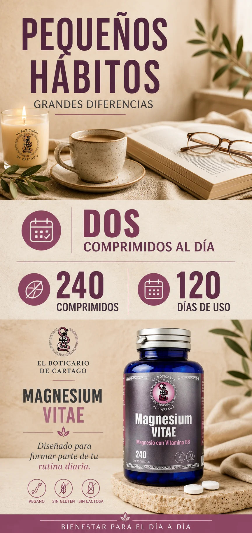 Infografía de Magnesium Vitae de El Boticario de Cartago mostrando una rutina diaria con café, lectura y hábitos de bienestar, destacando 240 comprimidos, 120 días de uso y dos comprimidos al día.