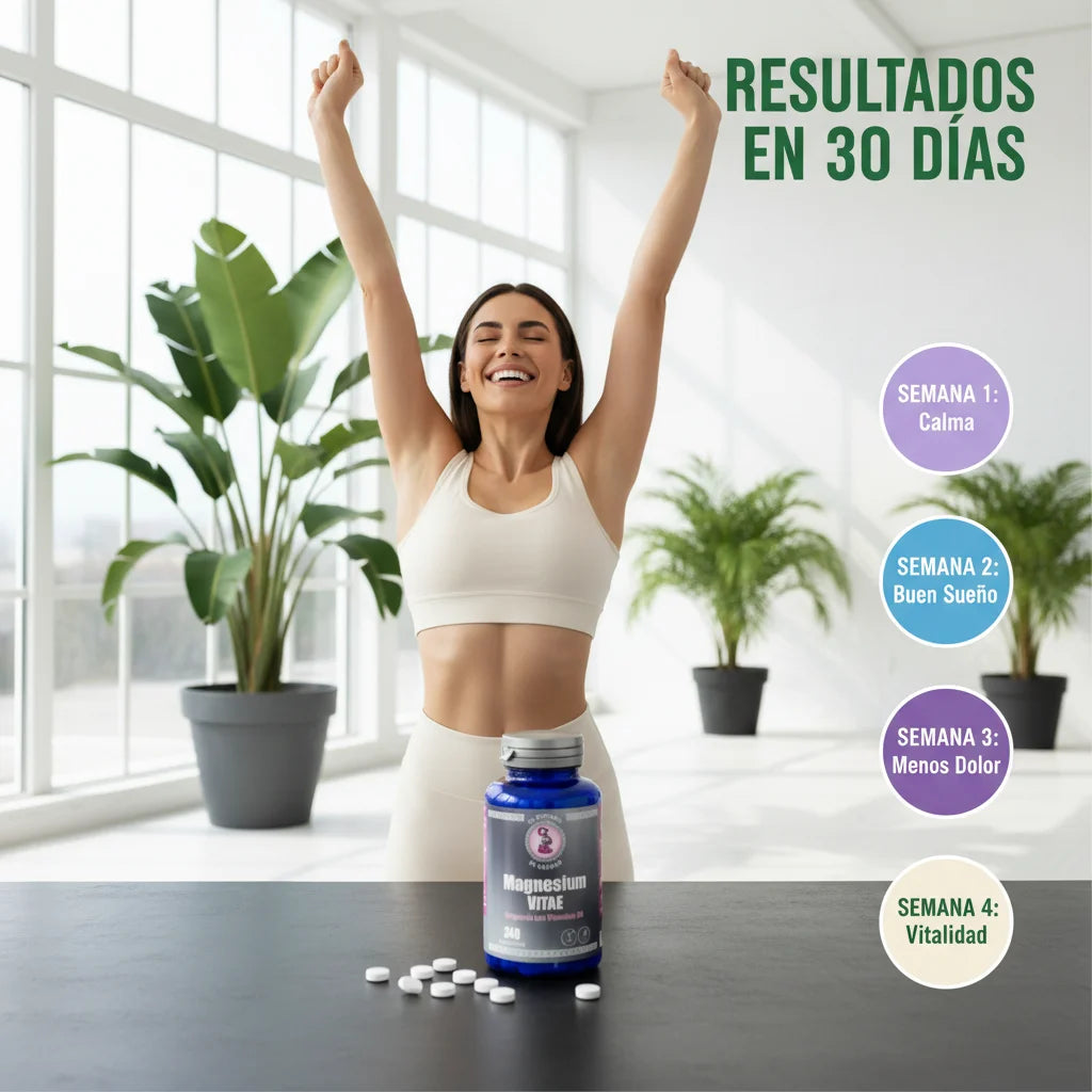 Magnesium Vitae resultados en 30 días: semana 1 calma, semana 2 buen sueño, semana 3 menos dolor, semana 4 vitalidad - El Boticario de Cartago