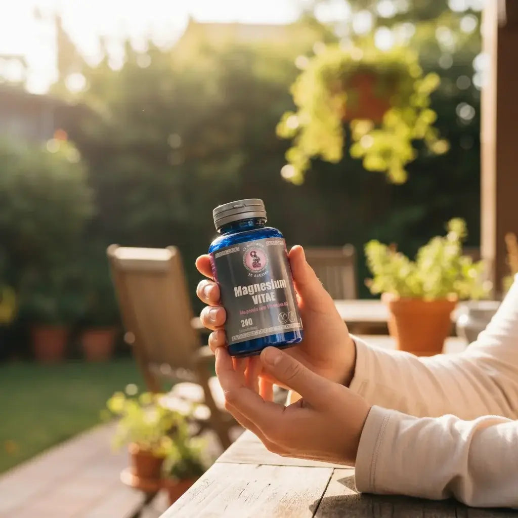 Cliente mostrando Magnesium Vitae con Vitamina B6 en su hogar - Testimonio real de suplemento de magnesio bisglicinato