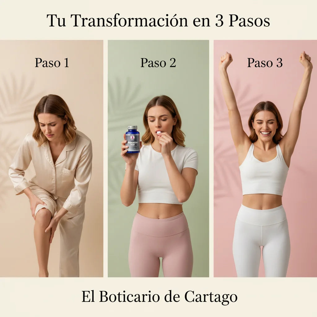 Transformación en 3 pasos con Magnesium Vitae: mujer con calambre, tomando pastilla de magnesio, celebrando bienestar - El Boticario de Cartago