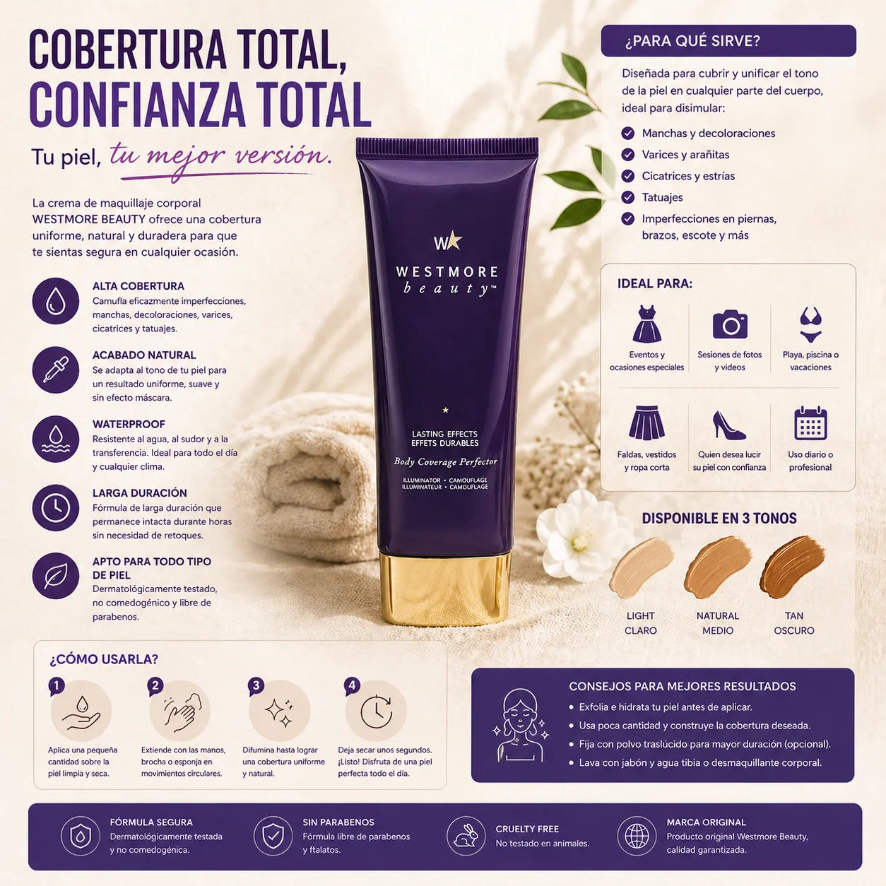 Maquillaje corporal waterproof de alta cobertura para unificar el tono de la piel y camuflar imperfecciones con acabado natural y larga duración