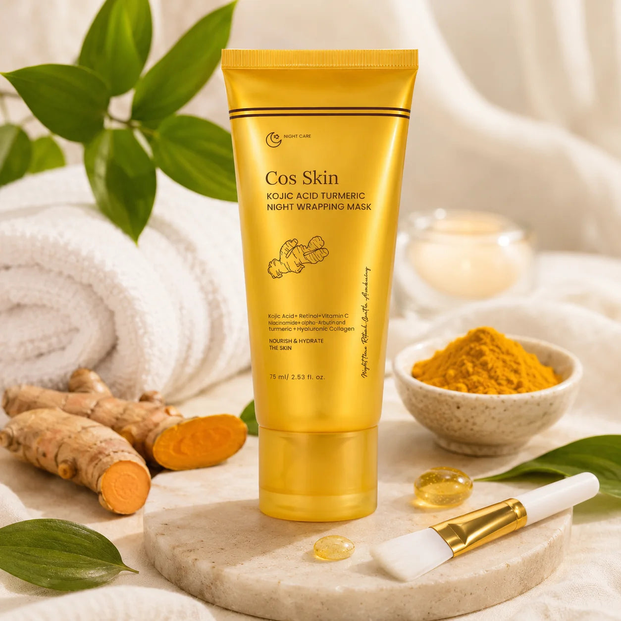 Mascarilla facial oro efecto glow con ácido kójico y cúrcuma para mejorar visualmente el tono y luminosidad de la piel