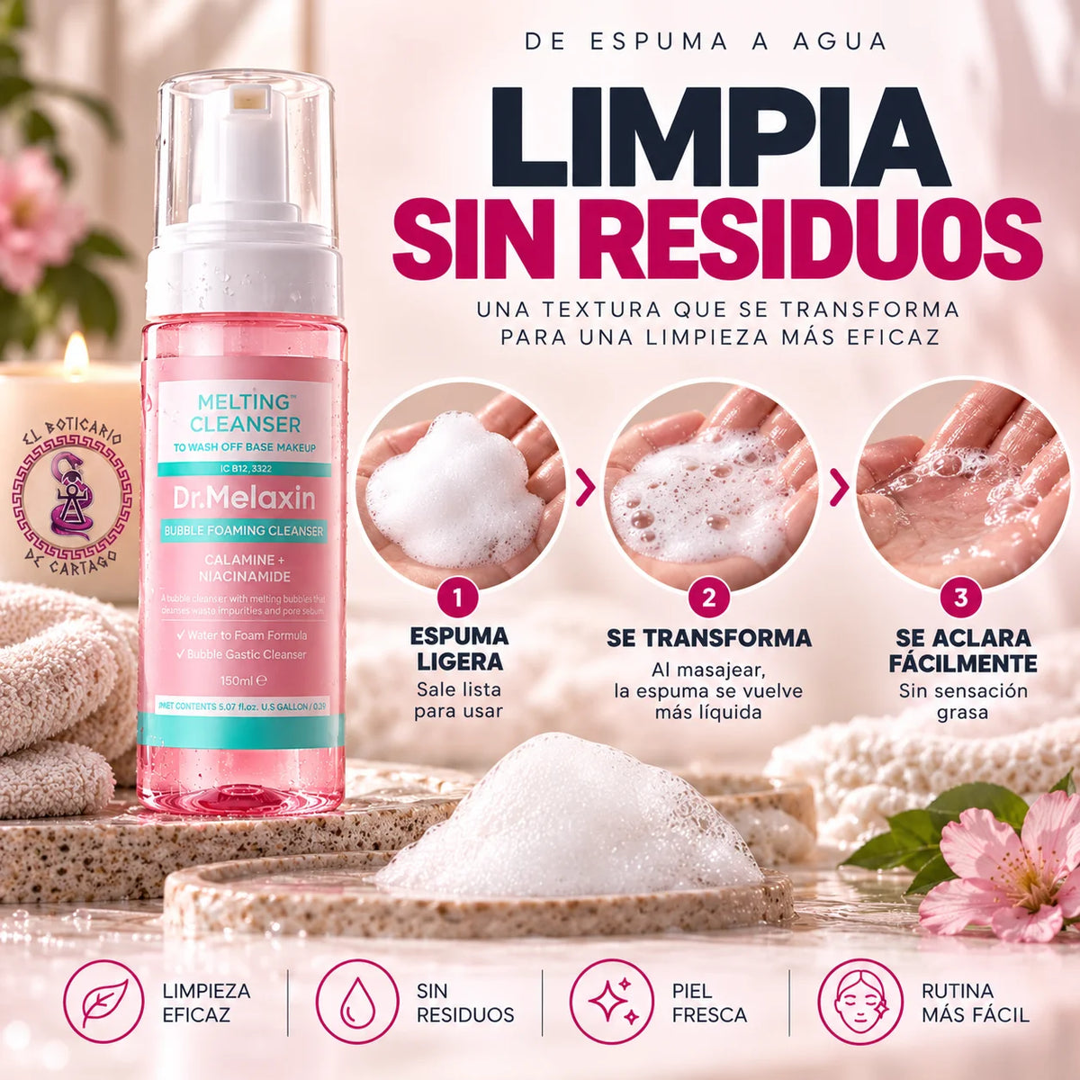 Textura de Dr. Melaxin Melting Cleanser que pasa de espuma a una consistencia más líquida