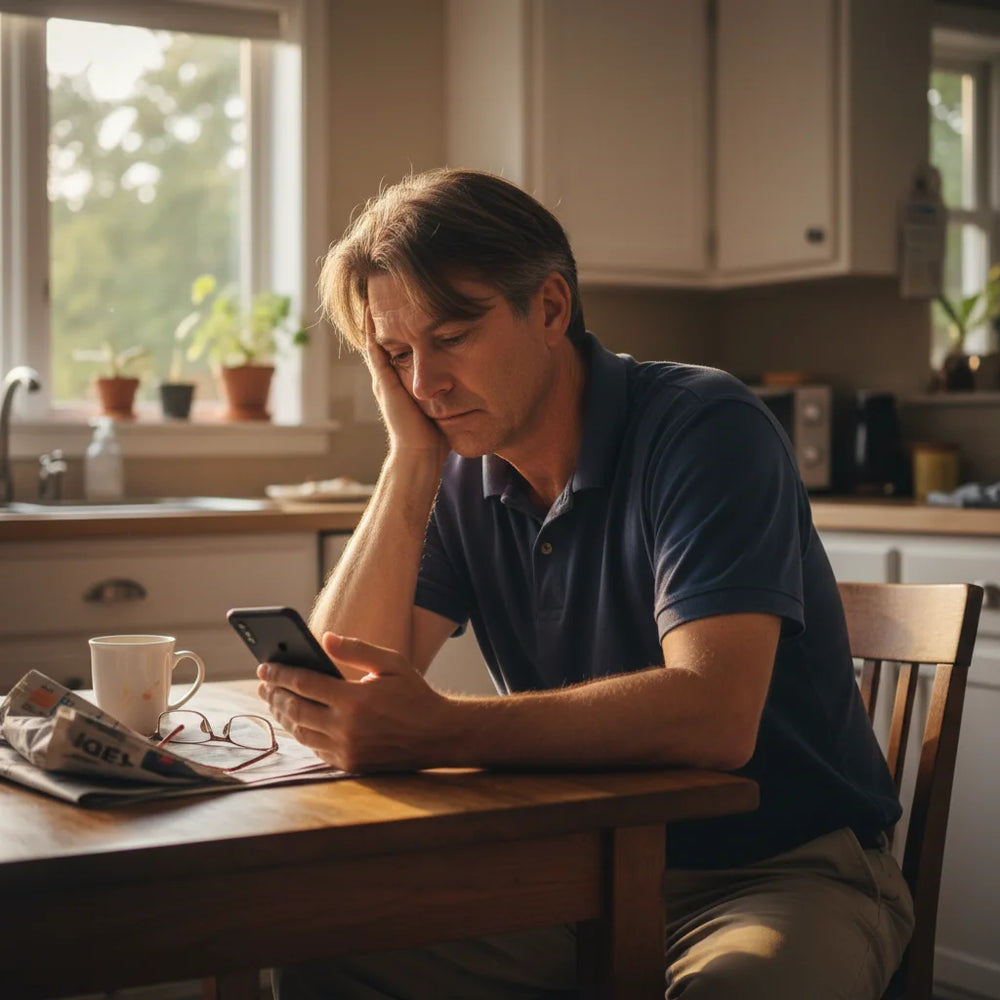 Hombre de 50 años cansado antes de tomar Metabolis B50 - falta de energía y vitalidad