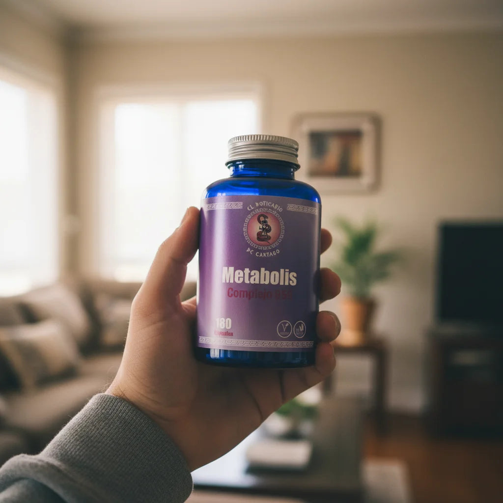 Cliente mostrando su Metabolis Complejo B50 - testimonio real de usuario satisfecho