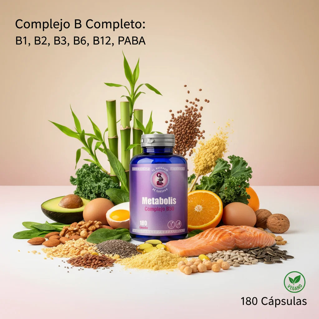 Metabolis Complejo B50 con ingredientes naturales: bambú, vitaminas B1 B2 B3 B6 B12, PABA, cereales, vegetales y frutos secos - El Boticario de Cartago