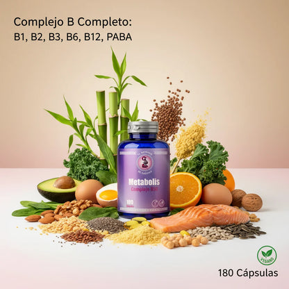 Metabolis Complejo B50 con ingredientes naturales: bambú, vitaminas B1 B2 B3 B6 B12, PABA, cereales, vegetales y frutos secos - El Boticario de Cartago