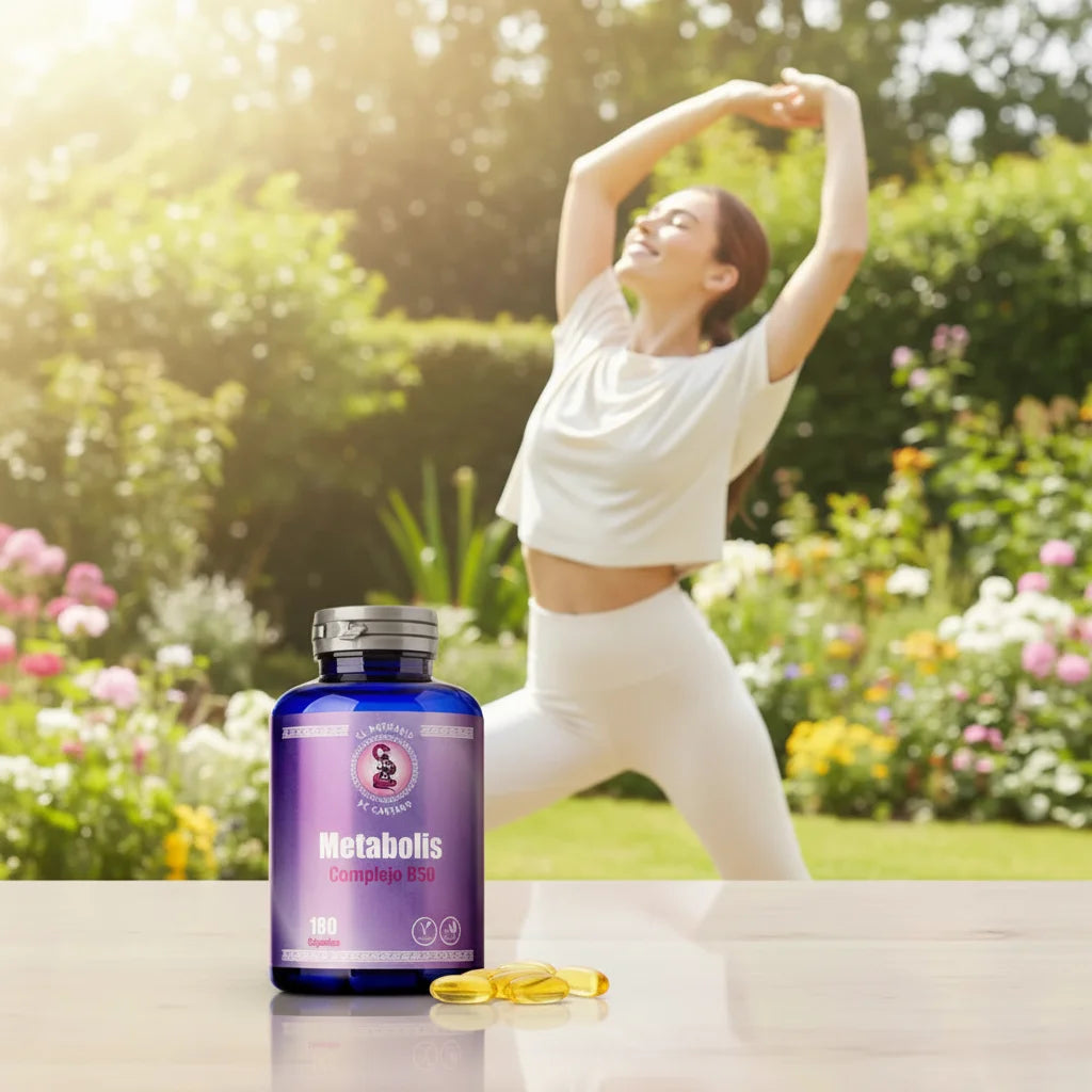 Mujer estirando con energía en jardín soleado con Metabolis Complejo B50 y cápsulas de vitamina B - El Boticario de Cartago