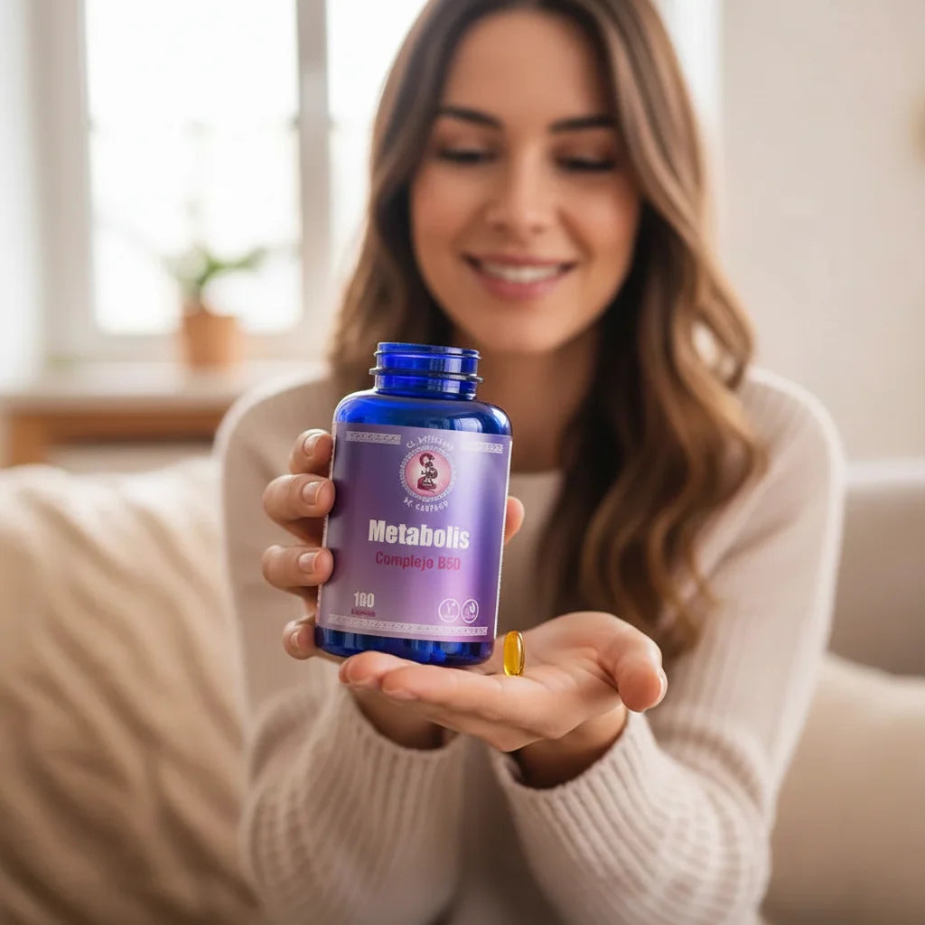Mujer sonriente sosteniendo bote de Metabolis Complejo B50 y cápsula amarilla de vitamina B en casa - El Boticario de Cartago