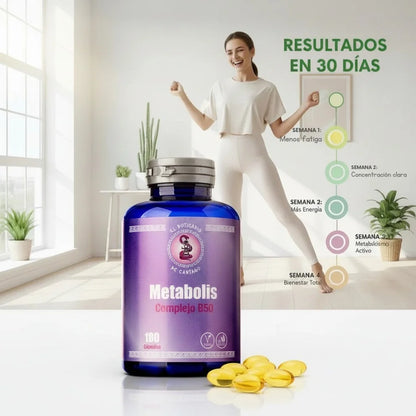 Metabolis Complejo B50 resultados en 30 días: semana 1 menos fatiga, semana 2 más energía y concentración, semana 3 metabolismo activo, semana 4 bienestar total